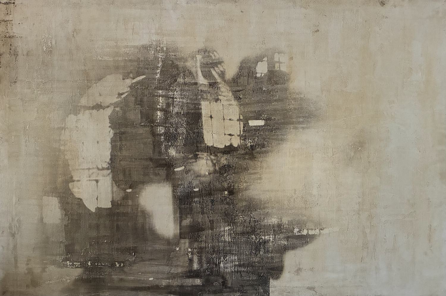 Painted photograph: sepia and grey washes over a photographic print, with pale torn shapes