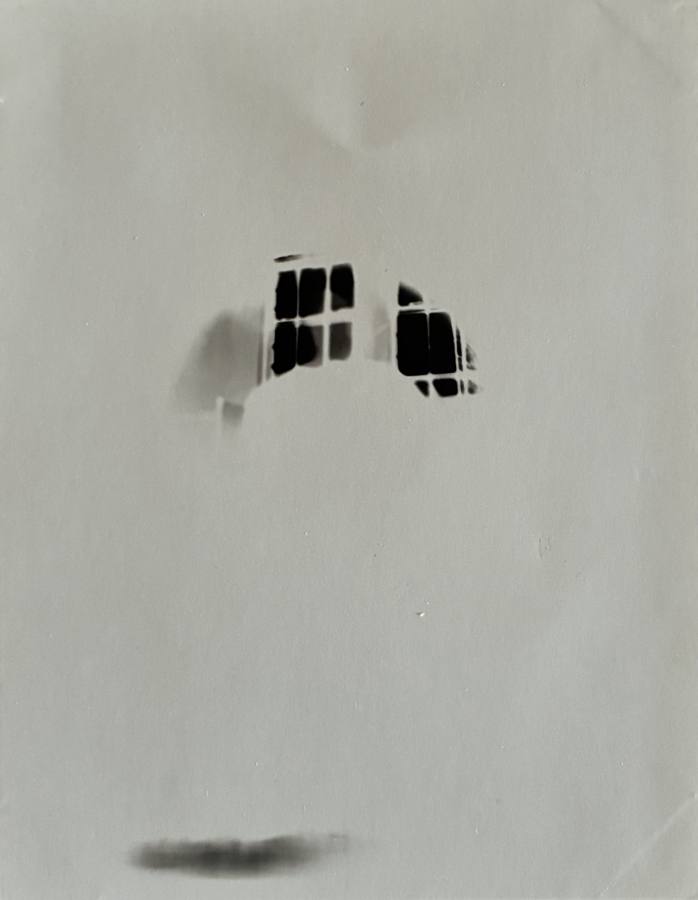Pinhole photograph: a dark window grid floating in a pale field