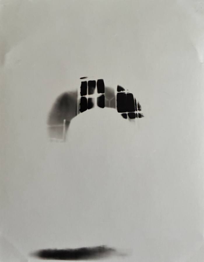 Pinhole photograph: an arch of dark window panes floating in a pale field